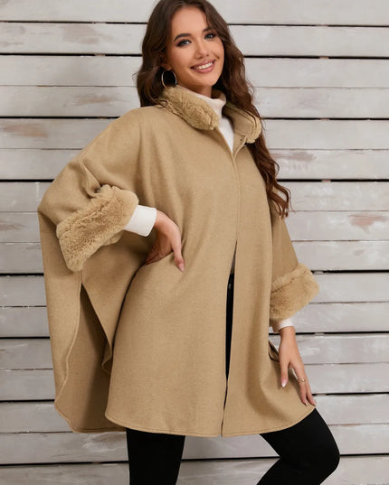 Fuzzy Trim Long Sleeve Poncho