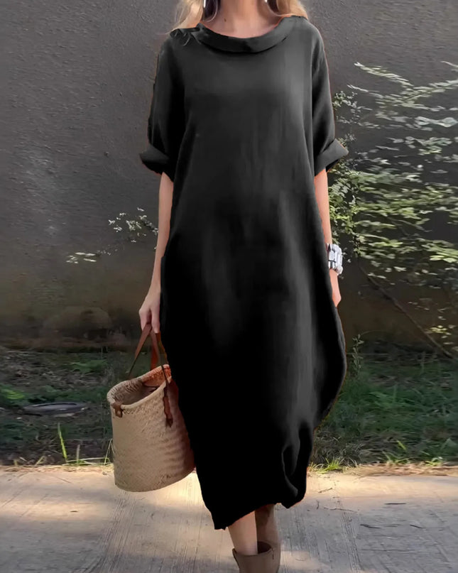 Full Size Casual Loose Fit Round Neck Midi Dress Plus Size Black