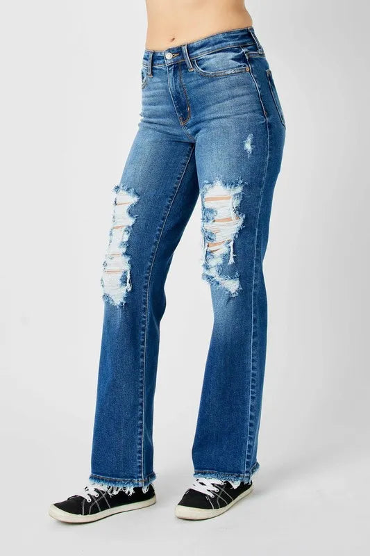 Judy Blue Full Size Mid Rise Distressed Raw Hem Jeans