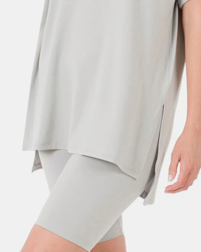 Zenana Full Size V-Neck Short Sleeve Slit T-Shirt and Shorts Set