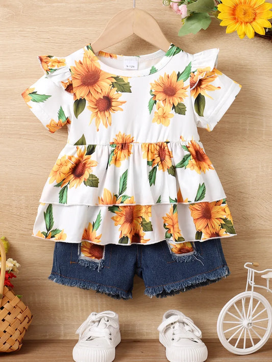 Children's Sunflower Ruffled Short Sleeve Top and Shorts Set Floral