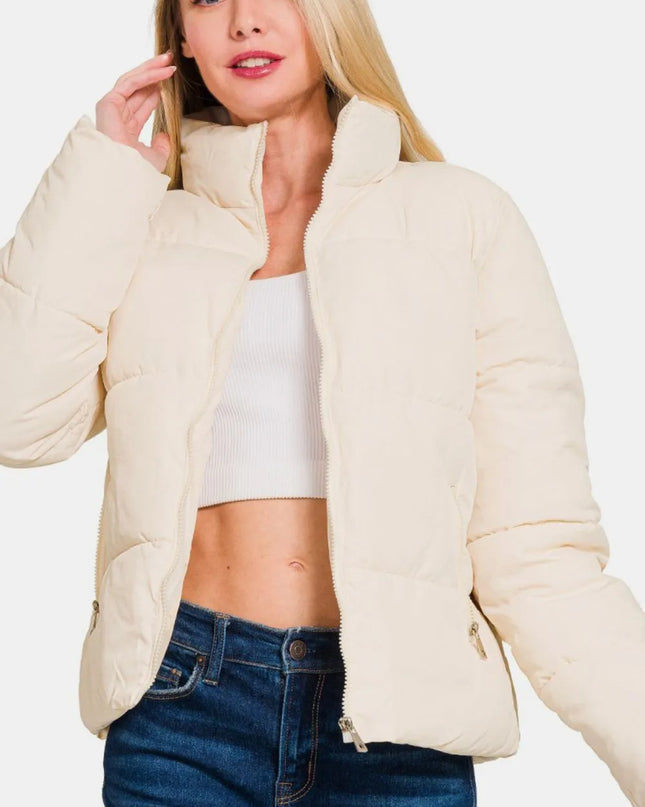 Zenana Zip Up Turtleneck Puffer Jacket with Pockets