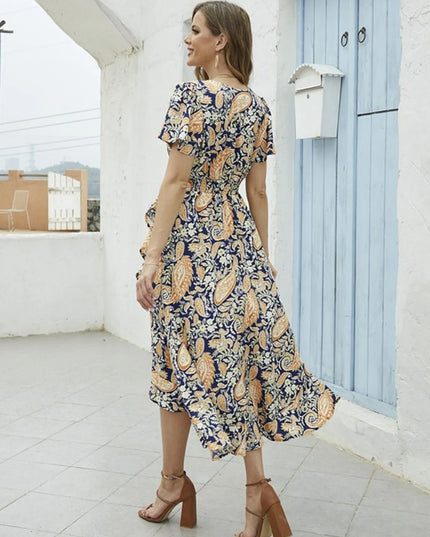 Floral Print Short Sleeve Wrap Midi Dress