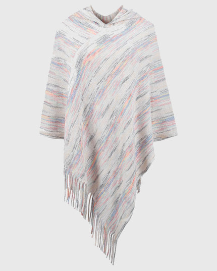 Fringe Hem Hooded Poncho Ivory One Size