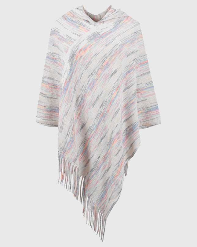 Fringe Hem Hooded Poncho Ivory One Size