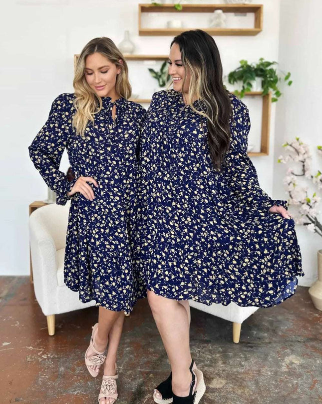 Double Take Full Size Printed Ruffle Hem Long Sleeve Tiered Dress