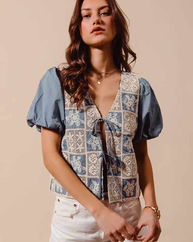 SO ME Crochet Lace Tie Front V Neck Blouse Top DENIM BLUE