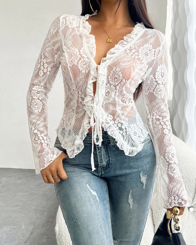 Tie Front Long Sleeve Lace Top