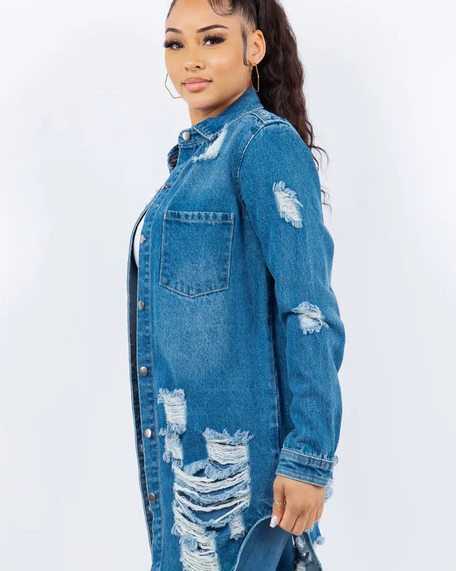 American Bazi Distressed Button Up Long Sleeve Denim Jacket