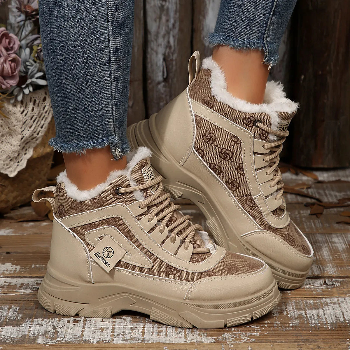 High-Top Platform Chunky Sneaker Boots with Lace-Up Khaki