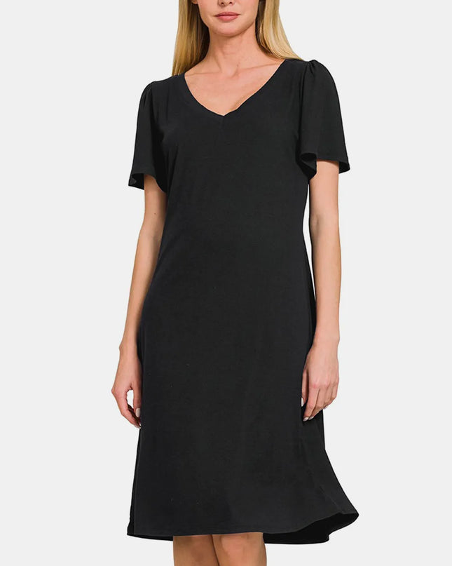 Zenana V-Neck Short Sleeve Dress Black