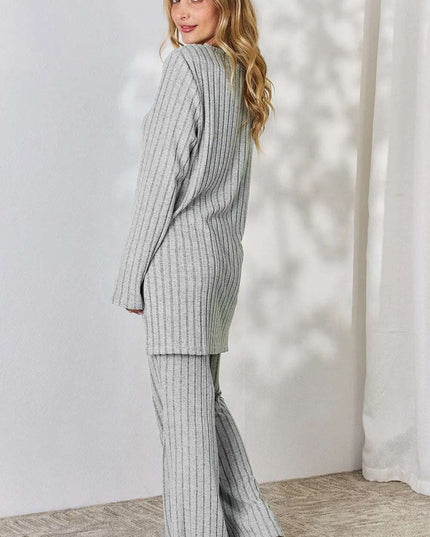 Basic Bae Full Size Ribbed High-Low Top and Wide Leg Pants Set