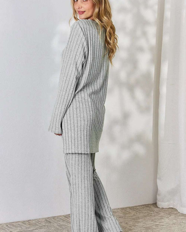 Basic Bae Full Size Ribbed High-Low Top and Wide Leg Pants Set