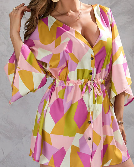 Color Block Drawstring Waist Button Up Dress