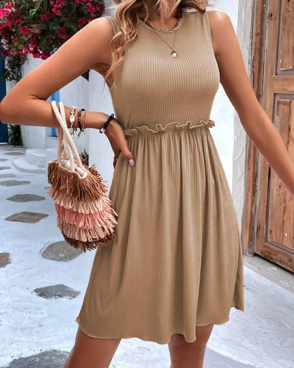 Frill Round Neck Sleeveless Mini Dress Camel