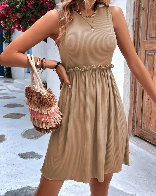 Frill Round Neck Sleeveless Mini Dress Camel