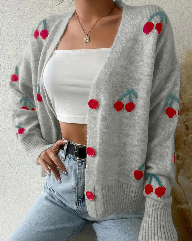 Cherry Button-Up Knit Cardigan