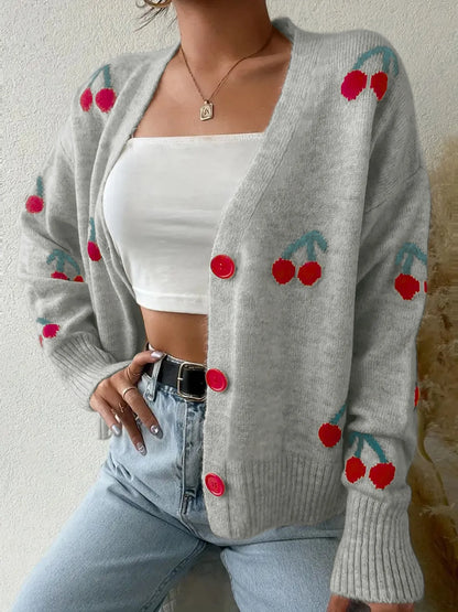 Cherry Button-Up Knit Cardigan