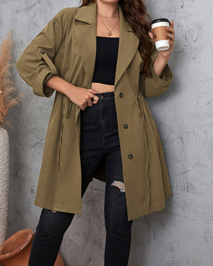 Honey Plus Size Lapel Collar Drawstring Roll-Tab Sleeve Trench Coat