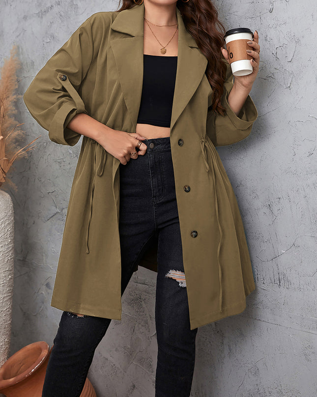 Honey Plus Size Lapel Collar Drawstring Roll-Tab Sleeve Trench Coat
