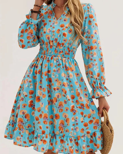 Floral Print Flounce Sleeve Ruffle Hem Dress Peacock Blue