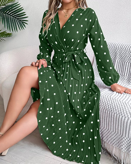 Front Tie Polka Dot Midi Pleated Dress