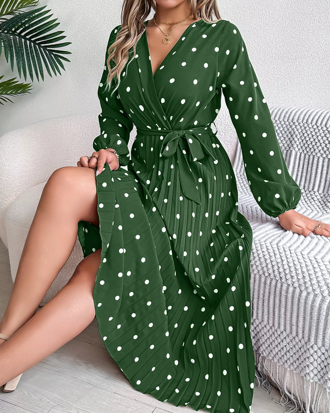 Front Tie Polka Dot Midi Pleated Dress