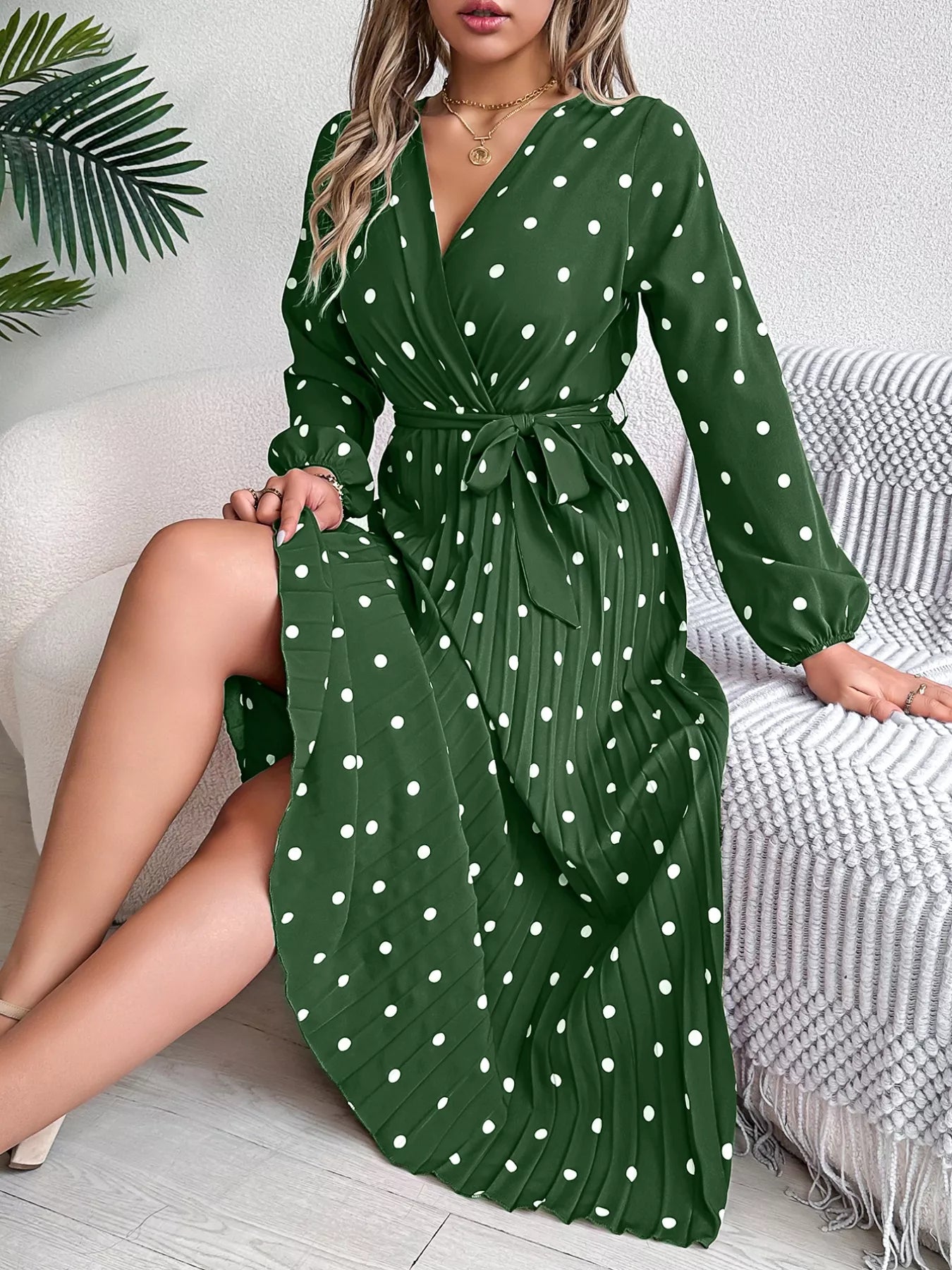 Front Tie Polka Dot Midi Pleated Dress