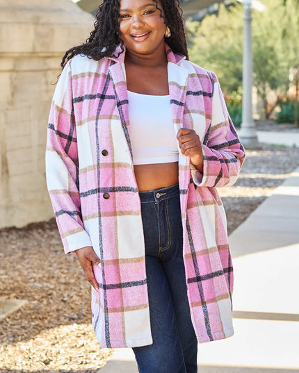 Double Take Full Size Plaid Button Up Lapel Collar Coat