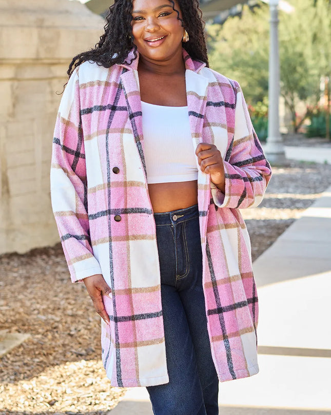 Double Take Full Size Plaid Button Up Lapel Collar Coat