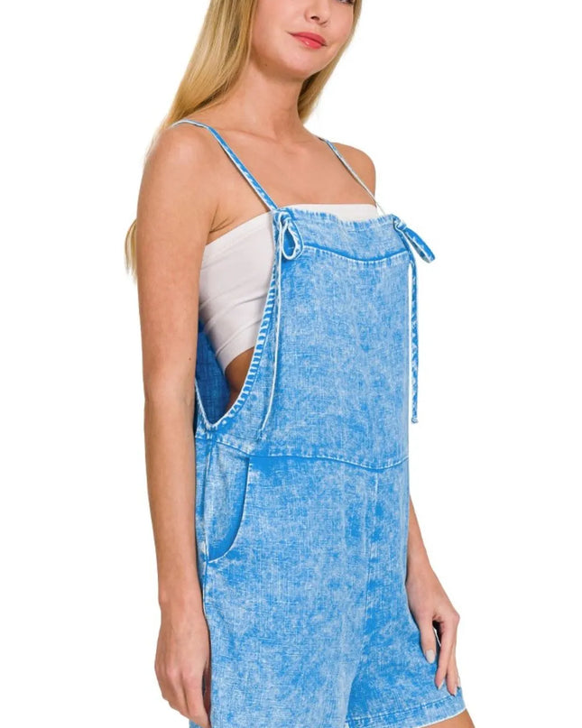 Zenana Washed Linen Knot Strap Rompers 