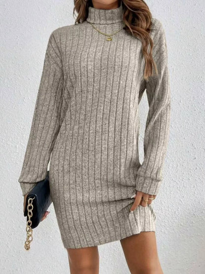 Casual Ribbed Turtleneck Long Sleeve Mini Dress