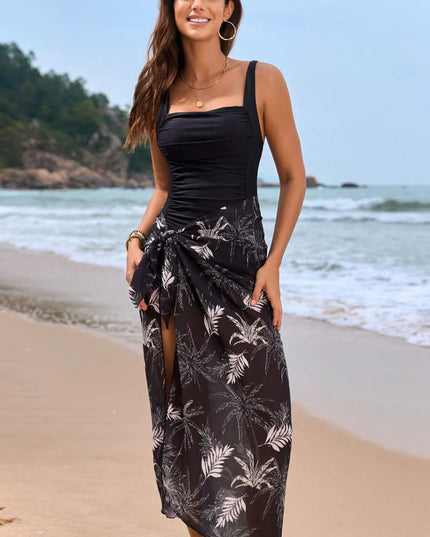 Square Neck Printed One-Piece Swimwear and Cover Up Swim Set Black
