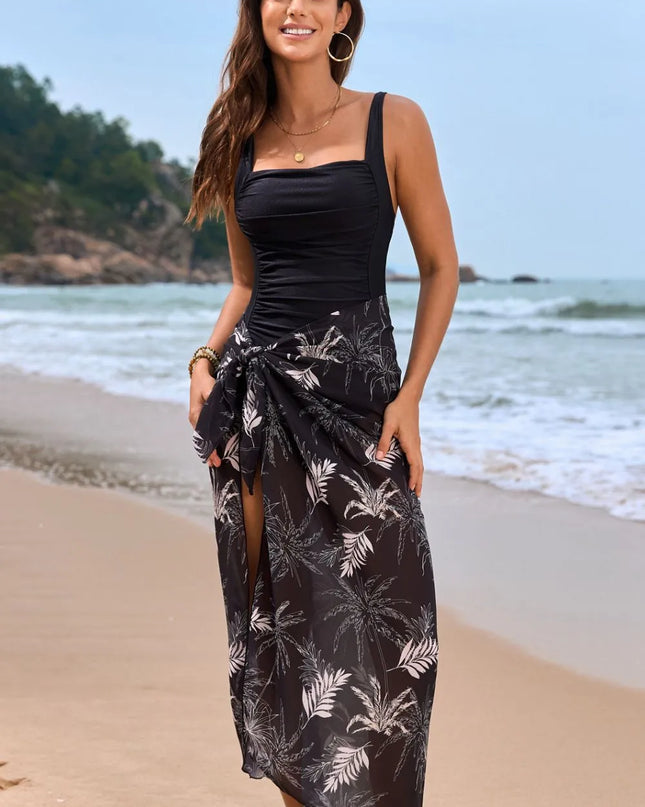 Square Neck Printed One-Piece Swimwear and Cover Up Swim Set Black