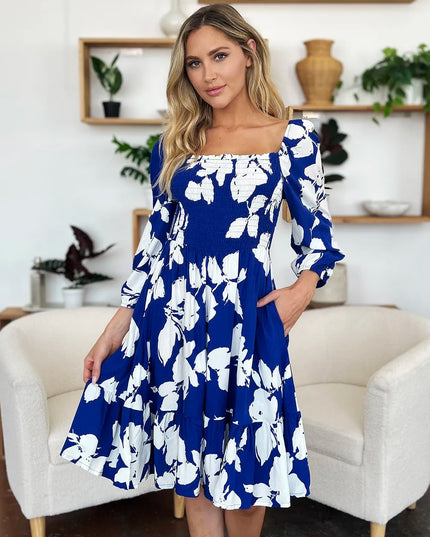 Double Take Full Size Floral Ruffle Hem Smocked Dress with Pockets