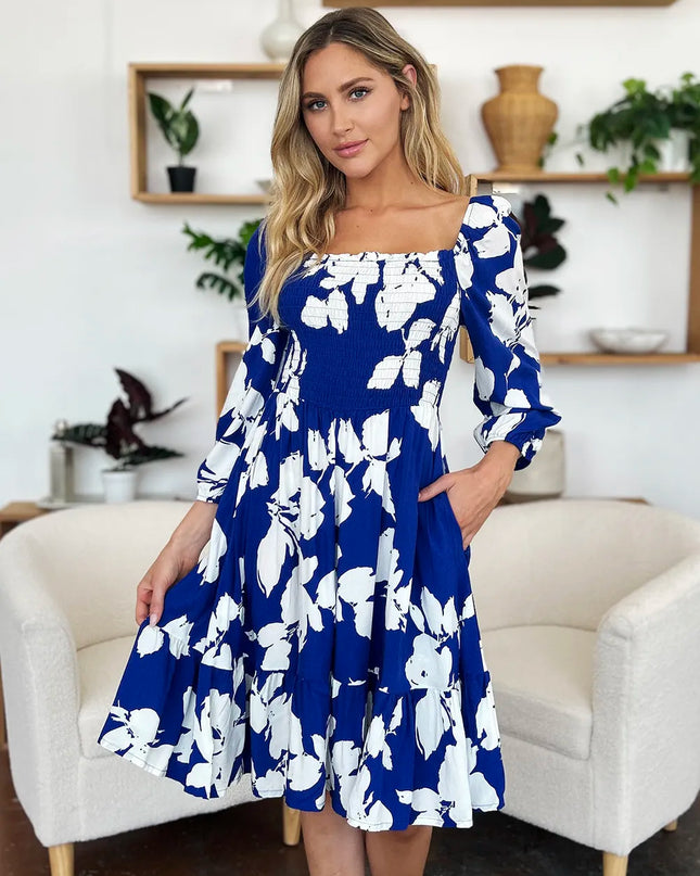 Double Take Full Size Floral Ruffle Hem Smocked Dress with Pockets