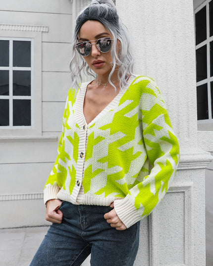Houndstooth Button Down Cardigan Lime