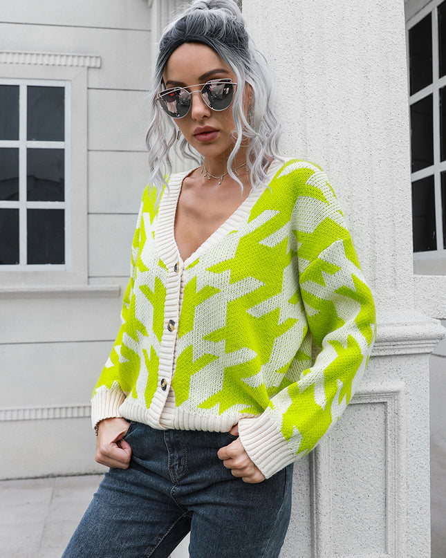 Houndstooth Button Down Cardigan Lime