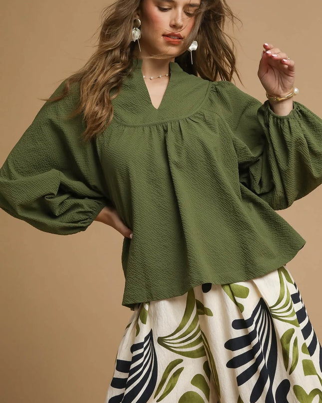 Umgee Textured Notched Blouse with Balloon Sleeves OLIVE