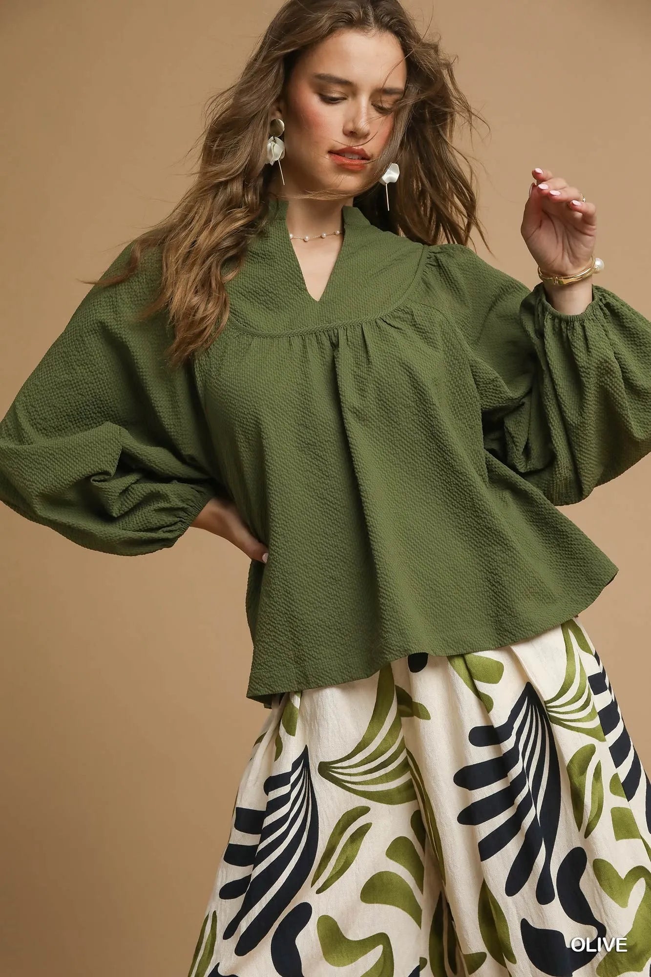 Umgee Textured Notched Blouse with Balloon Sleeves OLIVE