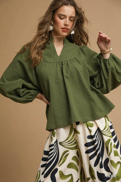 Umgee Textured Notched Blouse with Balloon Sleeves OLIVE