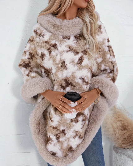 Furry Contrast Three-Quarter Poncho