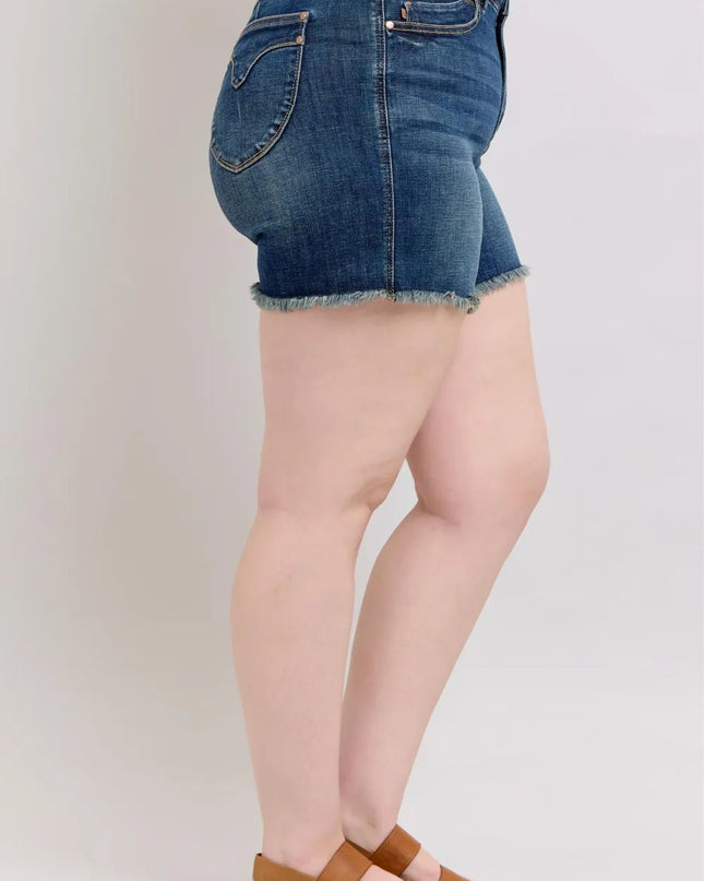 Judy Blue Tummy Control Fray Hem & Shield Back Pockets Denim Shorts