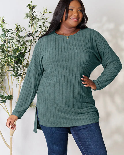 Basic Bae Full Size Ribbed Round Neck Long Sleeve Slit Top Teal