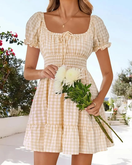 Gingham Smocked Puff Sleeve Summer Dress