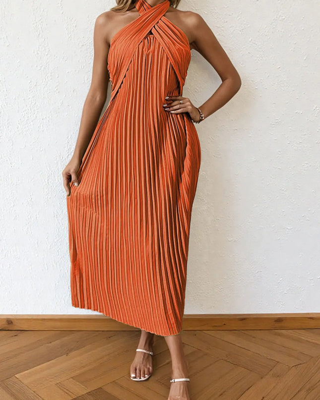Pleated Halter Neck Midi Dress