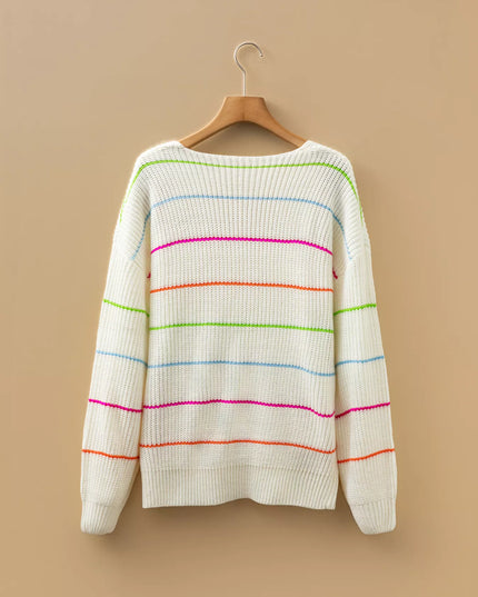 Colorful Striped Detail V Neck Drop Shoulder Baggy Sweater