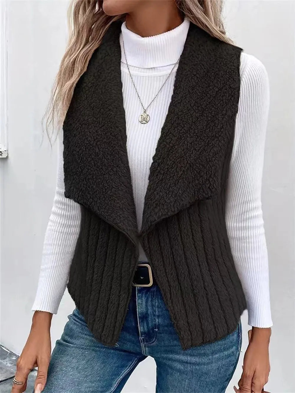 Open Front Fuzzy Vest Coat Black