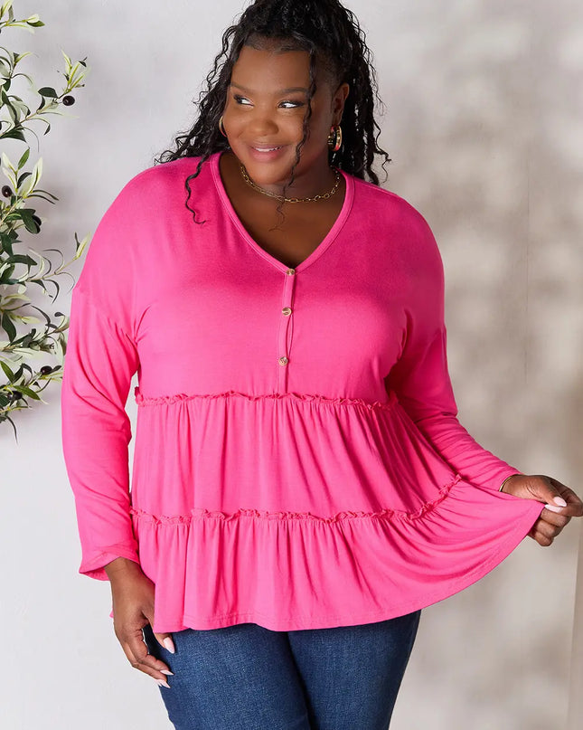 Double Take Half Button Long Sleeve Ruffle Hem Blouse Hot Pink