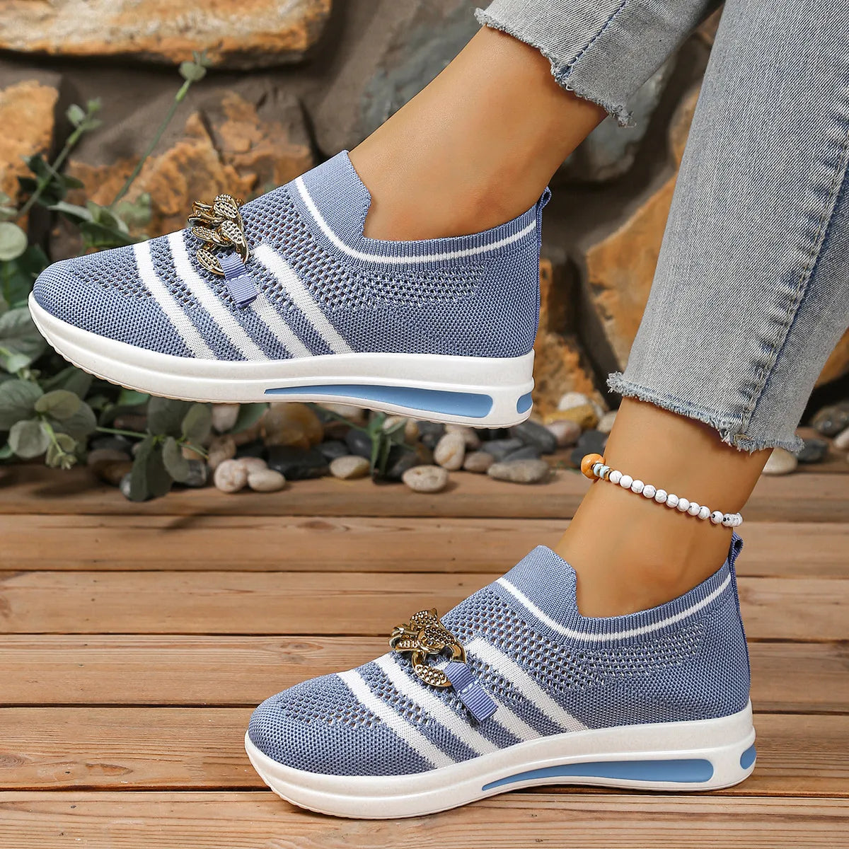 Breathable Mesh Round Toe Slip-Ons Blue